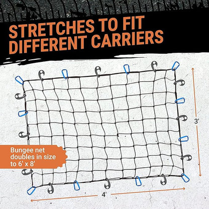 Truck Bed Cargo Net – 3 x 4 Foot, Heavy-Duty Elastic Mesh with 12 Hooks and 12 Blue Clips and Storage Bag for Pickup for Cargo Netting, Securing Loads in Trailers, SUVs & Roof Racks