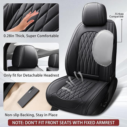 WELLDO Nappa Faux Leather Car Seat Covers Full Set, Black | Waterproof, Non-Slip Seat Protector, 0.28in Thickened Cushion, Airbag Compatible, Universal for Cars SUV Truck Pickup