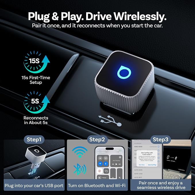 OTTOCAST Mini Cube Wireless CarPlay Adapter & Android Auto Adapter, Mini Slim 2-in-1 Adapter for Cars with Factory Wired CarPlay/Android Auto, 5GHz WiFi, Bluetooth 5.0, 5s Auto Reconnect