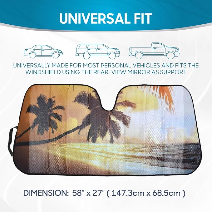 BDK Golden Sunset Beach Front Windshield Sun Shade Accordion Folding Cute Car Window Shades for Truck & Car Sunshade Shield for Sun UV Rays - Visor Protector Keeps Your Vehicle Cool - 58 x 27 inches