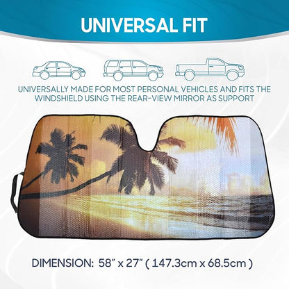BDK Golden Sunset Beach Front Windshield Sun Shade Accordion Folding Cute Car Window Shades for Truck & Car Sunshade Shield for Sun UV Rays - Visor Protector Keeps Your Vehicle Cool - 58 x 27 inches