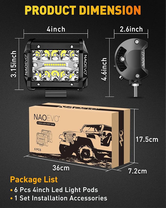 NAOEVO 4 Inch LED Pod Lights, 360W 36,000LM LED Fog/Driving/Off Road Lights with Spot Flood Combo, Cube Pods for Truck Boat ATV UTV Pickup, 6 Pcs (White)