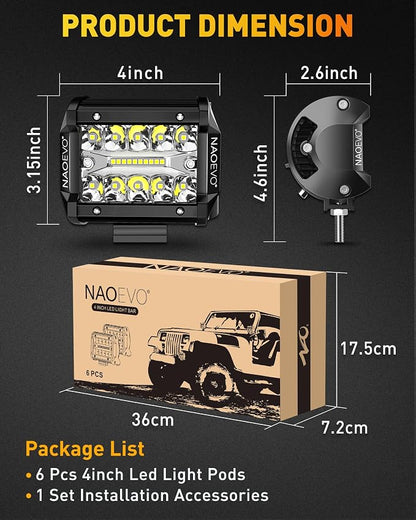 NAOEVO 4 Inch LED Pod Lights, 360W 36,000LM LED Fog/Driving/Off Road Lights with Spot Flood Combo, Cube Pods for Truck Boat ATV UTV Pickup, 6 Pcs (White)