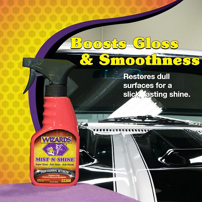 Wizards Mist-N-Shine Professional Car Detailing Spray - Quick Detailer Spray for Cars, Show-Car Gloss, Streak-Free Finish on Paint, Chrome, Glass and Plastic Trim, Wax-Free Formula - 8 oz