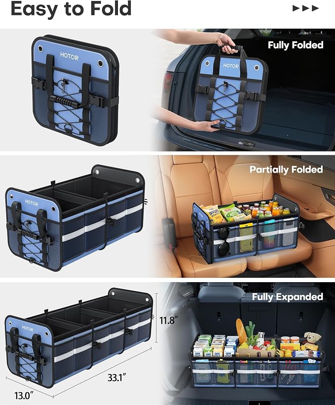 HOTOR Trunk Organizer - 3-Compartment Car Organizer and Storage with Cooler Bag, Foldable Car Storage Organizer for SUV with Handles & Strap for Shopping, Picnic, 33.1" x 13.0" x 11.8", Blue