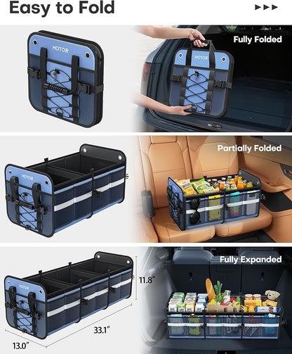 HOTOR Trunk Organizer - 3-Compartment Car Organizer and Storage with Cooler Bag, Foldable Car Storage Organizer for SUV with Handles & Strap for Shopping, Picnic, 33.1" x 13.0" x 11.8", Blue