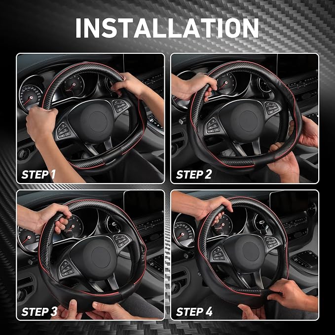 SEG Direct Car Steering Wheel Cover Universal Standard Size 14 1/2"-15" Leather with Carbon Fiber Pattern Black and Red