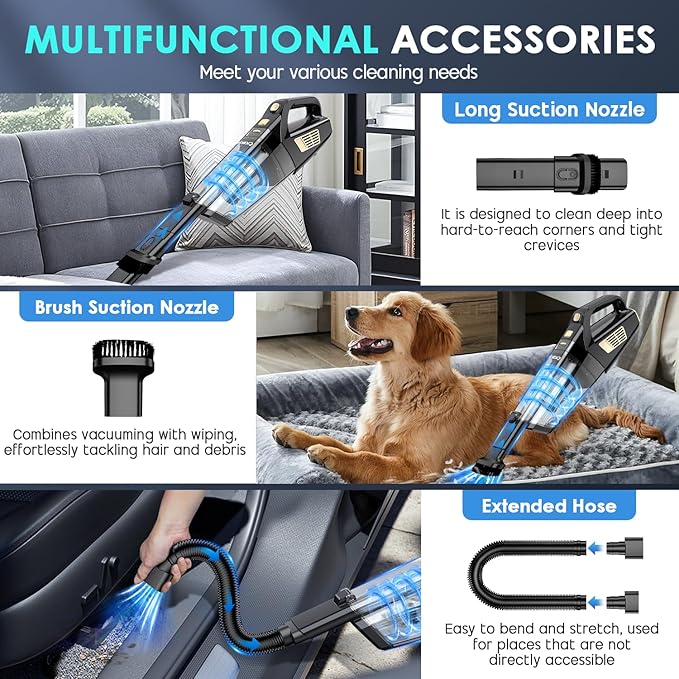 CKIKH Handheld Vacuum Cordless, 15000PA Strong Suction Hand Held Car Vacuum Cleaner Portable with Multi-Nozzles & Washable Filter, Lightweight Rechargeable Vacuum Cleaner for Home, Car, Office, Pets