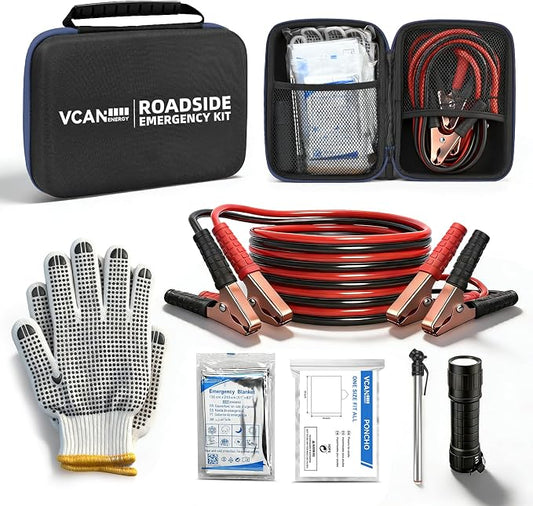 Car Emergency Safety Kit Bag with Jumper Cables, Tire Pressure Gauge, Auto Vehicle Safety Road Side Assistance Kits Essentials,for Women, Men, Teen (Blue)