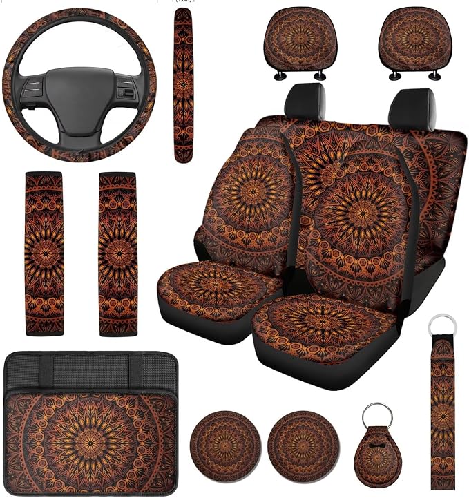 14 Pcs Orange Mandala Car Seat Covers Full Set with Auto Steering Wheel Cover Armrest Cushion Protector Seat Belt Covers,Flower Automotive Interior Sets Universal Fit Cars SUV Truckss