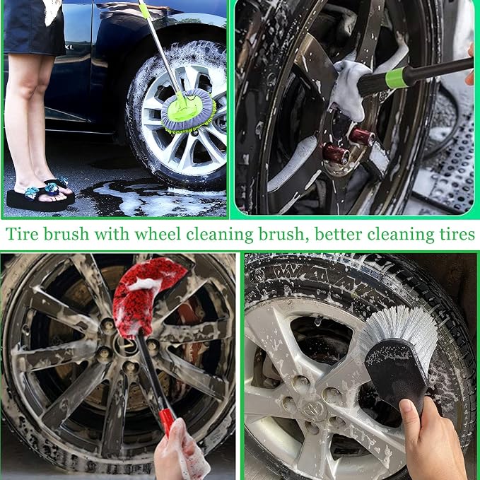62" Car Wash Brush Kit 20Pcs - Chenille Microfiber Wash Mop Mitt Interior/Exterior Cleaning Detail Brush Wheel Brush Windshield Window Squeegee for Cars RV Truck Boat