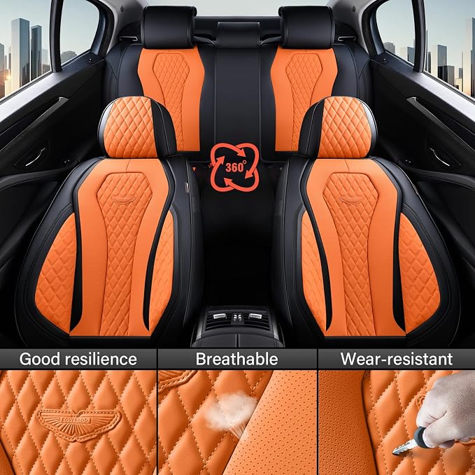 Coverado Car Seat Covers, Seat Covers Front Seats,Orange Car Seat Cover, Waterproof Car Seat Covers, Car Seat Cushion, Front Leather Seat Protector Fit for Most Cars