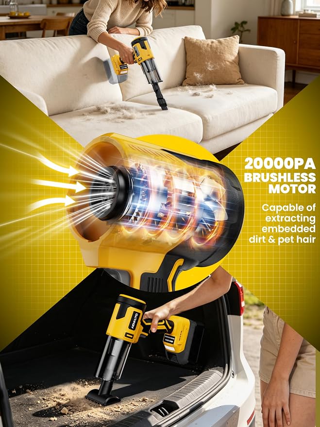 Cordless Car Vacuum Cleaner Compatible with Dewalt 20V MAX Batteries, Portable Handheld Vacuum for Pet Hair & Sand, Capable of Quick Vehicle Interior & Garage Cleanup, (Battery Not Included)