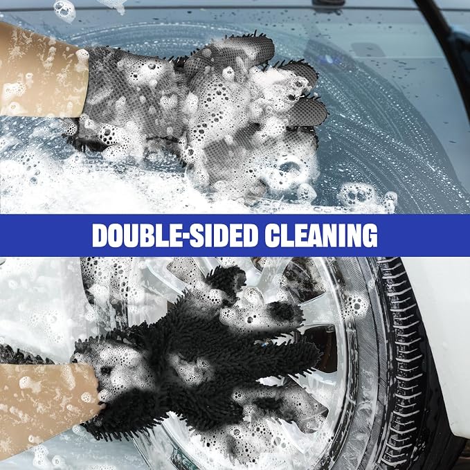 2PCS Car Wash Mitt, 5 Finger Chenille Microfiber Cleaning Mitt for Cars, Scratch-Free Auto Washing Gloves, Car Interior Exterior Cleaning Gloves, Great for Hard-to-Reach Areas (Black+Gray)