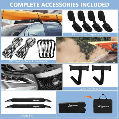 WOOWAVE Folding Kayak Soft Roof Rack Pads Universal Kayak Carrier Car Rack with 4 Tie Down Straps, 2 Tie Down Rope, 4 Carabiner, 2 Quick Loop Strap and Storage Bag for Canoe/Surfboard/Paddleboard/SUP