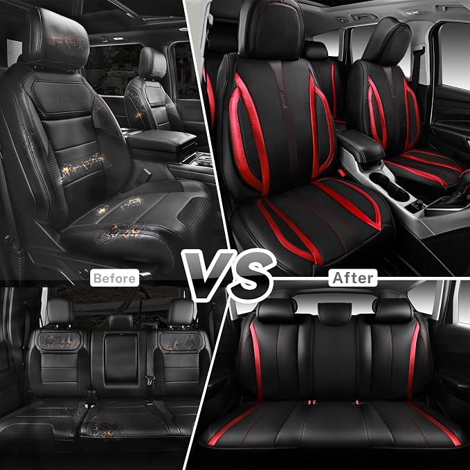 CAR PASS Nappa Leather Car Seat Covers, Durable Waterproof Luxury Universal Seat Covers for SUV Pick-up Truck Sedan, Anti-Slip Driver 5 Seat Covers Full Set with Backrest, Black Metallic Red