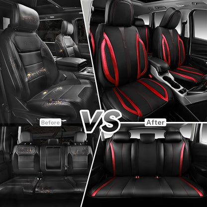 CAR PASS Nappa Leather Car Seat Covers, Durable Waterproof Luxury Universal Seat Covers for SUV Pick-up Truck Sedan, Anti-Slip Driver 5 Seat Covers Full Set with Backrest, Black Metallic Red