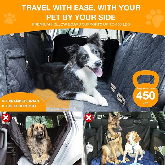 Dog Car Seat Cover for Back Seat, Hard Bottom Back Seat Extender for Dogs, Waterproof Car Hammock, Backseat Bed and Car Seat Protector, Nonslip Fit for Cars, SUVs, Trucks, 52 x 25 in, Black