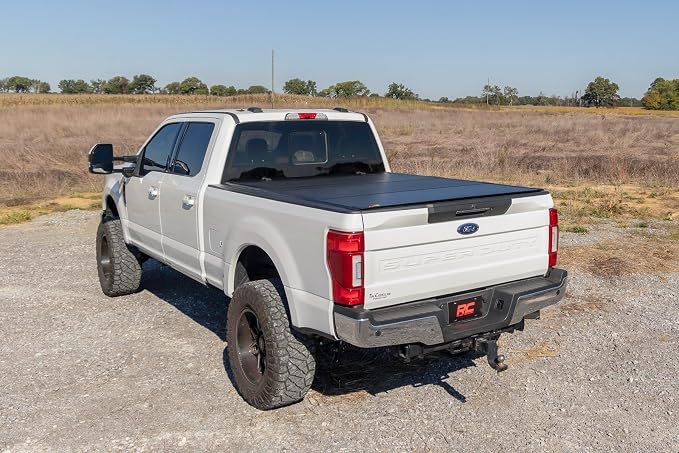 Rough Country Hard Tri-Fold Truck Bed Tonneau Cover for Ford F-250 & F-350 Super Duty (2017-2026) - Aluminum Flip-Up Bed Cover, Fits 6'10 (81.9") Bed