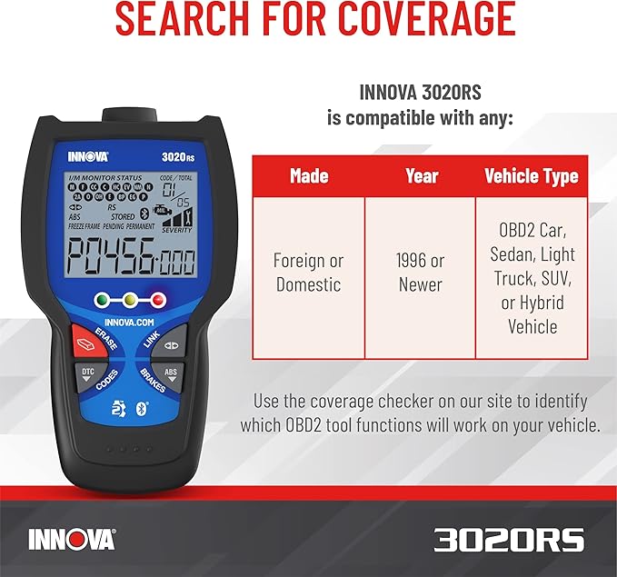 INNOVA 3020RS Fast & Easy-to-Use Check Engine Code Reader, OBD2 Scan tool for ABS Clear with Fix & Part Recommendations, Maintenance Schedules, & Free TSBs on iPhone & Android