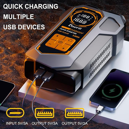 6000A Jump Starter with Air Compressor, 10-in-1 Car Jumper Starter Portable, 150PSI Tire Inflator/Air Pump, LED Flashlight for Up to 10.0L Gas / 8.0L Diesel Engines