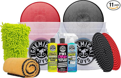 Chemical Guys Two Car Wash Bucket Kit with Dual Dirt Trap Filters, Chenille Wash Mitt, Mr. Pink, Citrus Wash, After Wash, and Drying Towel - 11 Items - Two Bucket Method Complete Setup