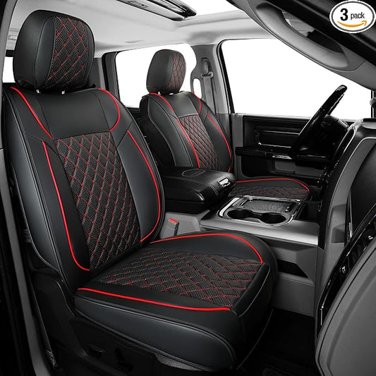 FREESOO Car Seat Covers Full Set for Dodge Ram 2002-2018 1500 & 2011-2026 2500 3500 Crew Quad Cab, 2019-2024 Ram 1500 Classic Leather Seat Cover, with Curved Bench, Black Red