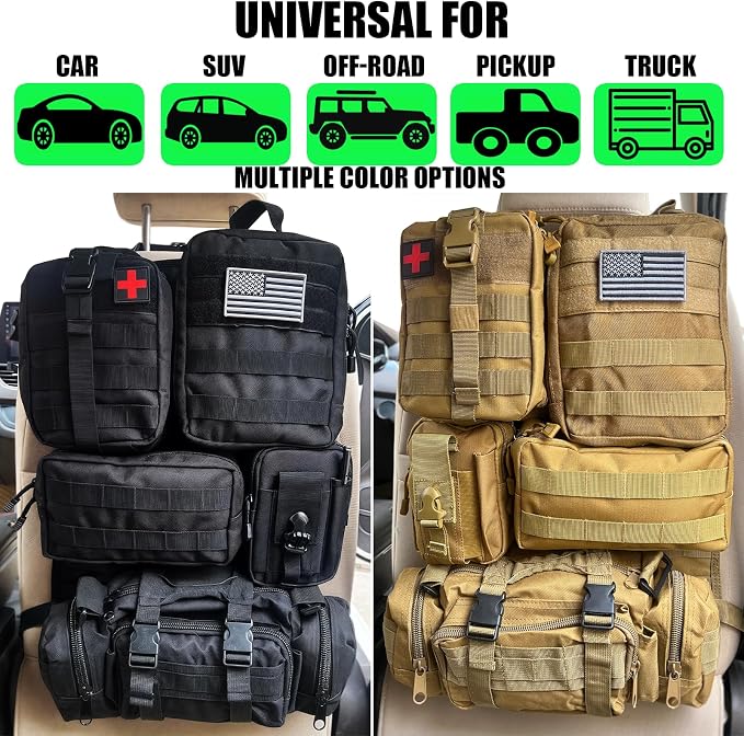 7 PACK Tactical Seat back organizer Truck organizer With 6 Detachable Pouches Universal For Car Truck Ford Jeep Military-Grade Heavier Panels With Multi-functional Packs (Premium black)