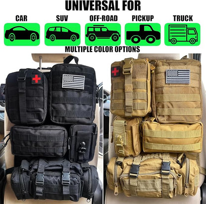 7 PACK Tactical Seat back organizer Truck organizer With 6 Detachable Pouches Universal For Car Truck Ford Jeep Military-Grade Heavier Panels With Multi-functional Packs (7 PACK -BLACK)