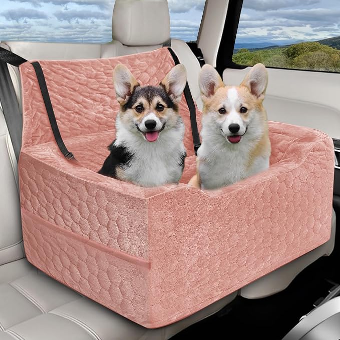 Dog Car Seat for Medium/Large Dog Booster Seat Under 60 lbs or 2 Small Dogs, Multi-Functional Pet Car Seat with Thick Cushion, 2 Safety Leashes (Pink)