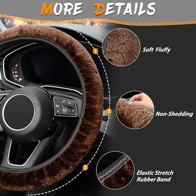 KAFEEK Elastic Long Microfiber Plush Steering Wheel Cover for Winter Warm, Universal 15 inch, Anti-Slip, Odorless, Brown