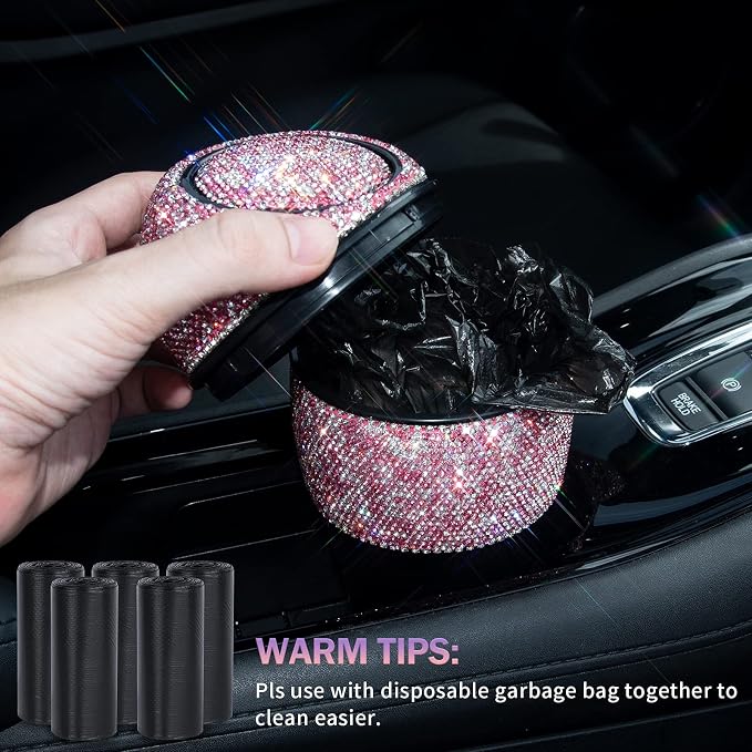 eing Car Trash Can Bling Crystal Auto Mini Trash Bin for Car Office Home Women,Car Cup Holder Garbage Can with Lid and 5 Pack Disposable Garbage Gag, Pink