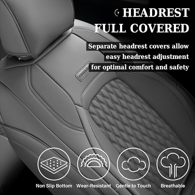 Coverado Ram Car Seat Covers Fullset, Leather Gray Car Seat Covers for Dodge RAM 1500 Compatible with 2010-2023 2500 3500 Crew/Mega Cab