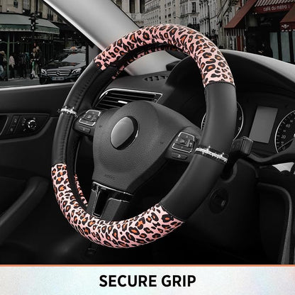 Road Comforts Leopard Steering Wheel Cover for Women, Cute Anti-Slip Microfiber Leather, Fits 14.5-15 Inch Steering Wheel 14.5-15 Inch - Black and Pink Cheetah