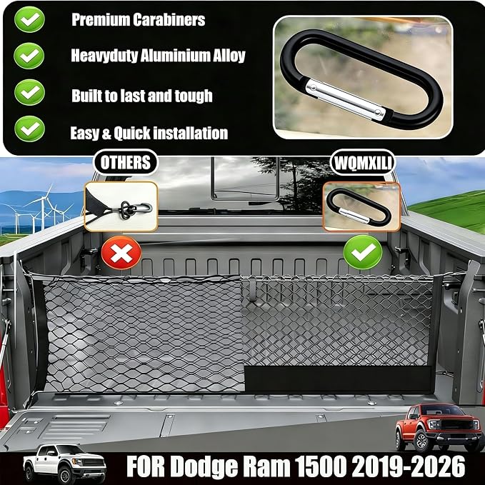 Envelope Style Truck Bed Cargo Net Compatible with Dodge Ram 1500 2019-2024 2025 2026,Highly Elastic Truck Cargo Net for Ram 1500 Accessories, Upgraded Storage Bag & Heavy Duty Carabiners