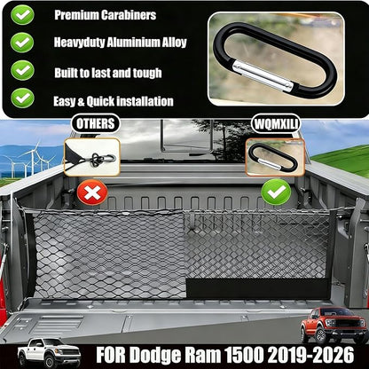 Envelope Style Truck Bed Cargo Net Compatible with Dodge Ram 1500 2019-2024 2025 2026,Highly Elastic Truck Cargo Net for Ram 1500 Accessories, Upgraded Storage Bag & Heavy Duty Carabiners