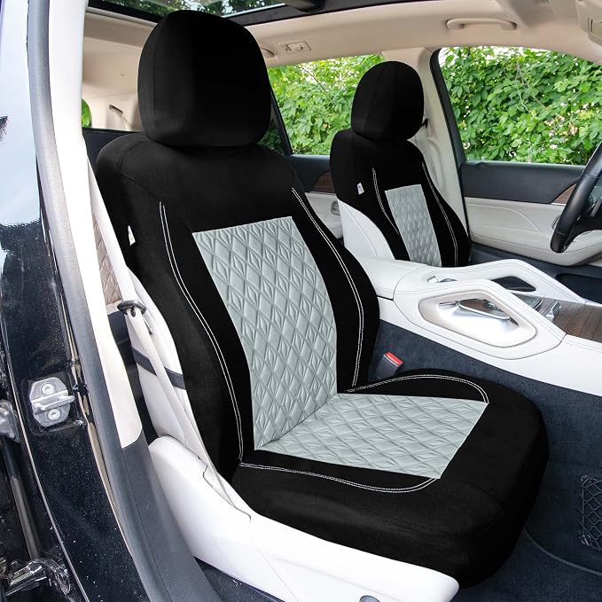 Universal Fit Diamond Stitched Flat Cloth Car Seat Covers Full Set - Gray