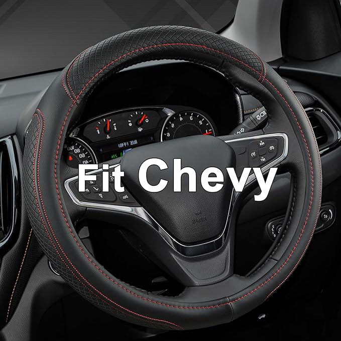 West Llama Customized Auto Car Steering Wheel Cover for Chevy 14.5-15 inches, Steering Wheel Cover for Chevrolet (Black+Red - Standard Size)
