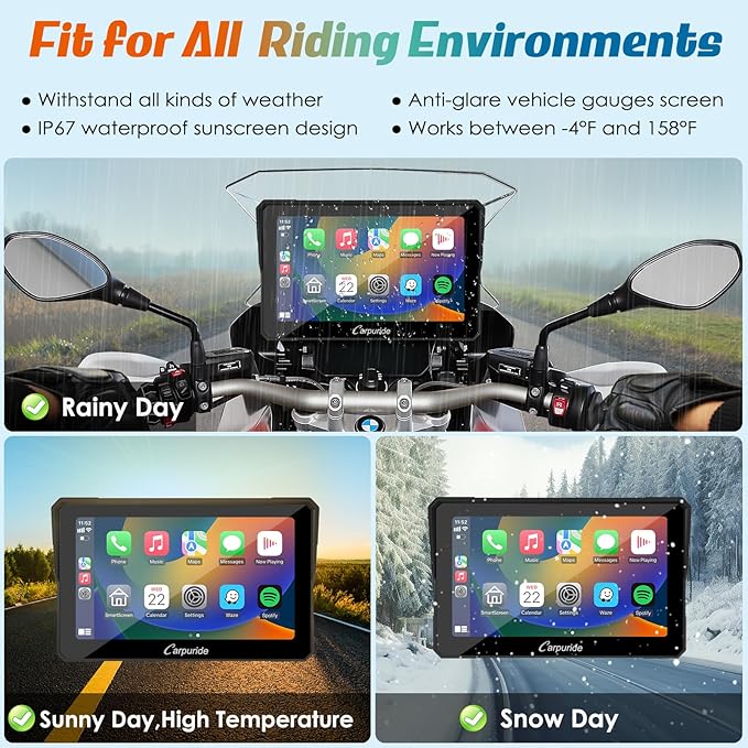 Carpuride W702B Motorcycle Carplay Screen for BMW R1200GS R1250GS S1000XR Motorcycle, 7 inch Waterproof Touchscreen, Portable Carplay/Android Auto GPS Navigation for Motorbike, Dual Bluetooth