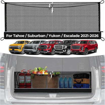 3-Layer Cargo Net for Tahoe/Suburban/Yukon/Yukon XL/Escalade 2021-2026, Zoned Storage Trunk Net with Zippered Bottom Bag, Heavy-Duty Cargo Organizer Netting, Camping/Daily Use