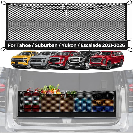 3-Layer Cargo Net for Tahoe/Suburban/Yukon/Yukon XL/Escalade 2021-2026, Zoned Storage Trunk Net with Zippered Bottom Bag, Heavy-Duty Cargo Organizer Netting, Camping/Daily Use