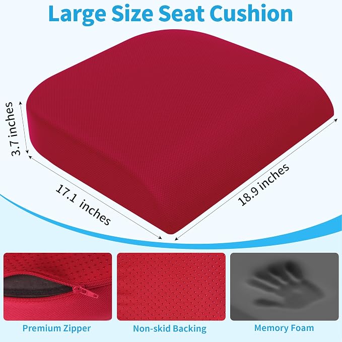 TranquilRelax 2XL Seat Cushion, Memory Foam Cushion for Long Sitting Hours on Office Chair, Car Seat, Non-Slip Chair Pad for Sciatica, Coccyx, Tailbone Pain Relief & Post-Surgery Recovery (Red)