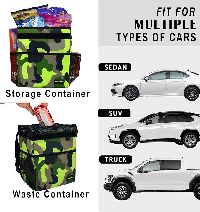 SIBOFUEGO Cute Car Trash Can with Lid – Multipurpose Collapsible Trash Bin for Car, Leak-Proof Organizer, Waterproof Garbage Can with Storage Pockets & Adjustable Straps, 2 Gallons (Camo Green)