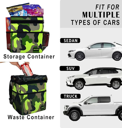 SIBOFUEGO Cute Car Trash Can with Lid – Multipurpose Collapsible Trash Bin for Car, Leak-Proof Organizer, Waterproof Garbage Can with Storage Pockets & Adjustable Straps, 2 Gallons (Camo Green)