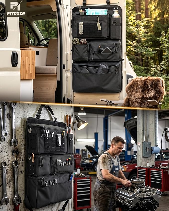 All in One Car Seat Back Organizer, Heavy Duty Molle Panel Seat Back Protector with Multi-Pockets Storage for Tools, Camping, Travel, Fit Most Cars SUV Trucks Jeeps Pickups