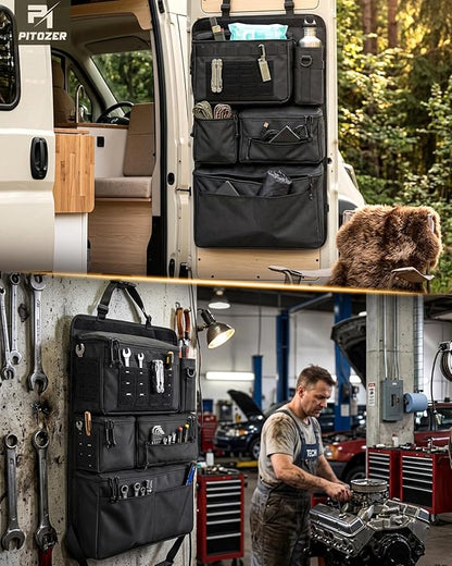 All in One Car Seat Back Organizer, Heavy Duty Molle Panel Seat Back Protector with Multi-Pockets Storage for Tools, Camping, Travel, Fit Most Cars SUV Trucks Jeeps Pickups