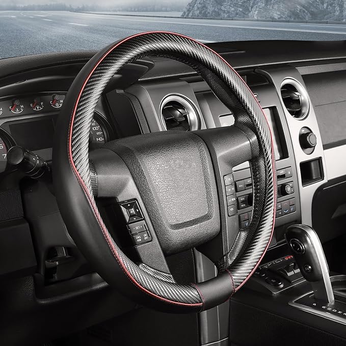 SEG Direct Car Steering Wheel Cover Large-Size for F150 F250 F350 Ram 4Runner Tacoma Tundra Range Rover with 15 1/2"-16" Outer Diameter Leather with Carbon Fiber Pattern Black and Red