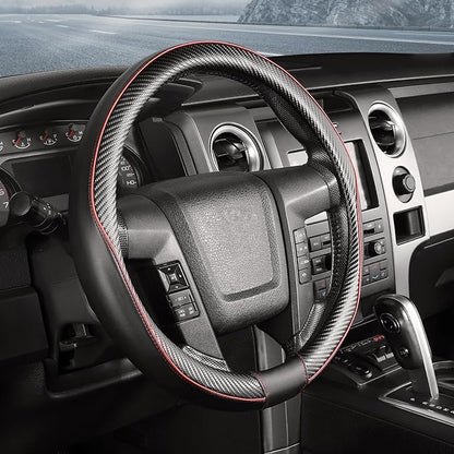 SEG Direct Car Steering Wheel Cover Large-Size for F150 F250 F350 Ram 4Runner Tacoma Tundra Range Rover with 15 1/2"-16" Outer Diameter Leather with Carbon Fiber Pattern Black and Red