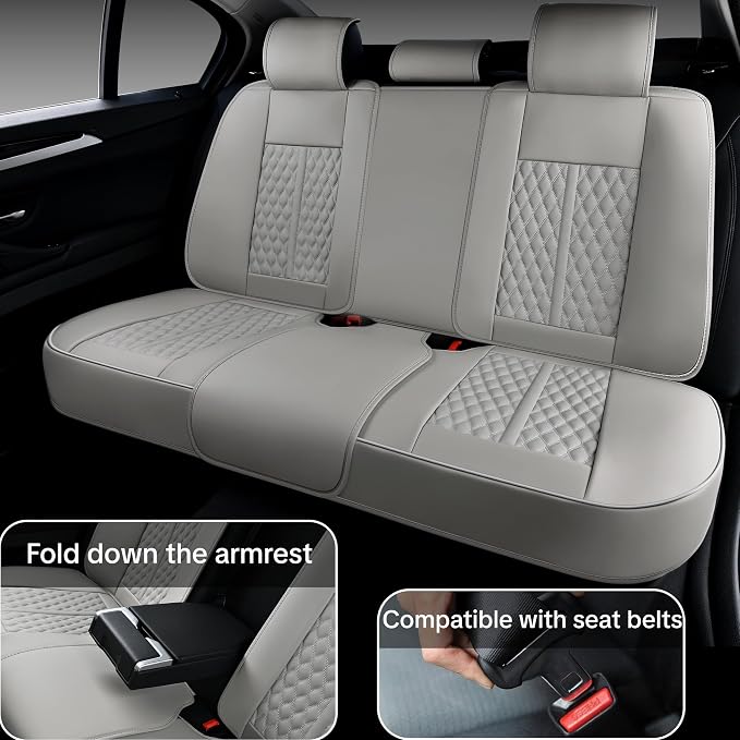 Light Gray Car Seat Covers, Universal Fit for Most Vehicles, Premium Waterproof Leather, Pet-Friendly Car Seat Covers with Lumbar Support, Slip-Resistant, Airbag-Compatible, Protects Car Interior