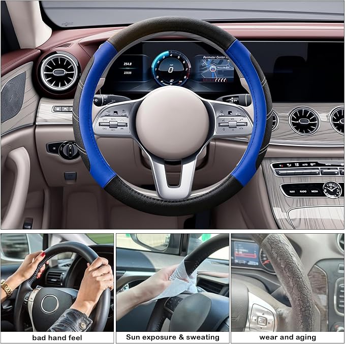 Black and Blue Line Punching Car Steering Wheel Cover, Microfiber Leather Sports, 14.5-15 in Universal Leather Wheel Covers, Breathable Fashion Anti-Slip, Steering Wheels Accessories for Men Women